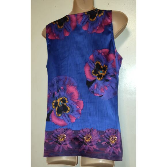 Blue Hawaiian Tank Top Sz 10 ECI New York Vintage Silky Look Floral Tropical 10 - Picture 8 of 12